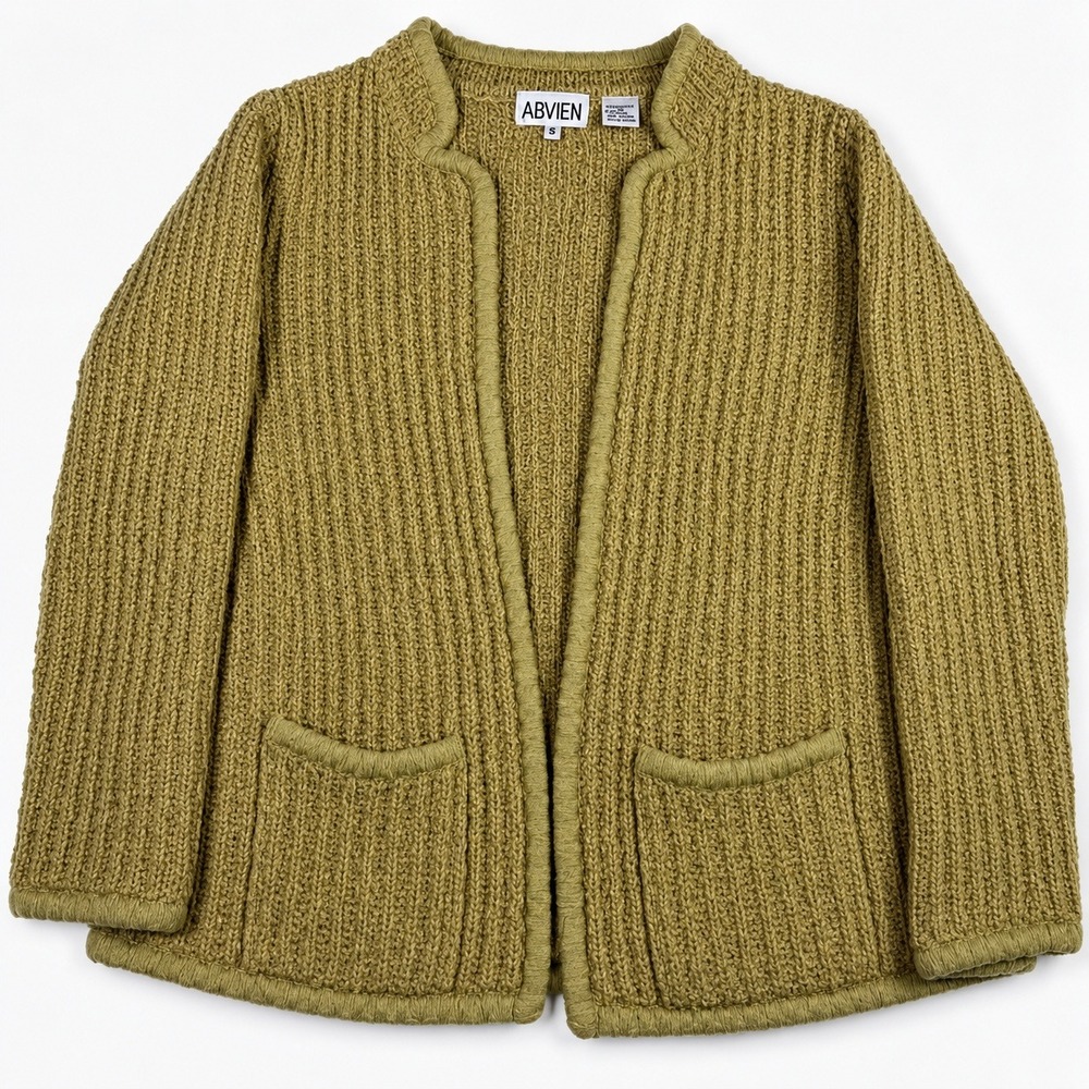 Vintage Abvien Cardigan Bouclé Wool Blend Open Front Tan Minimalist Women S
